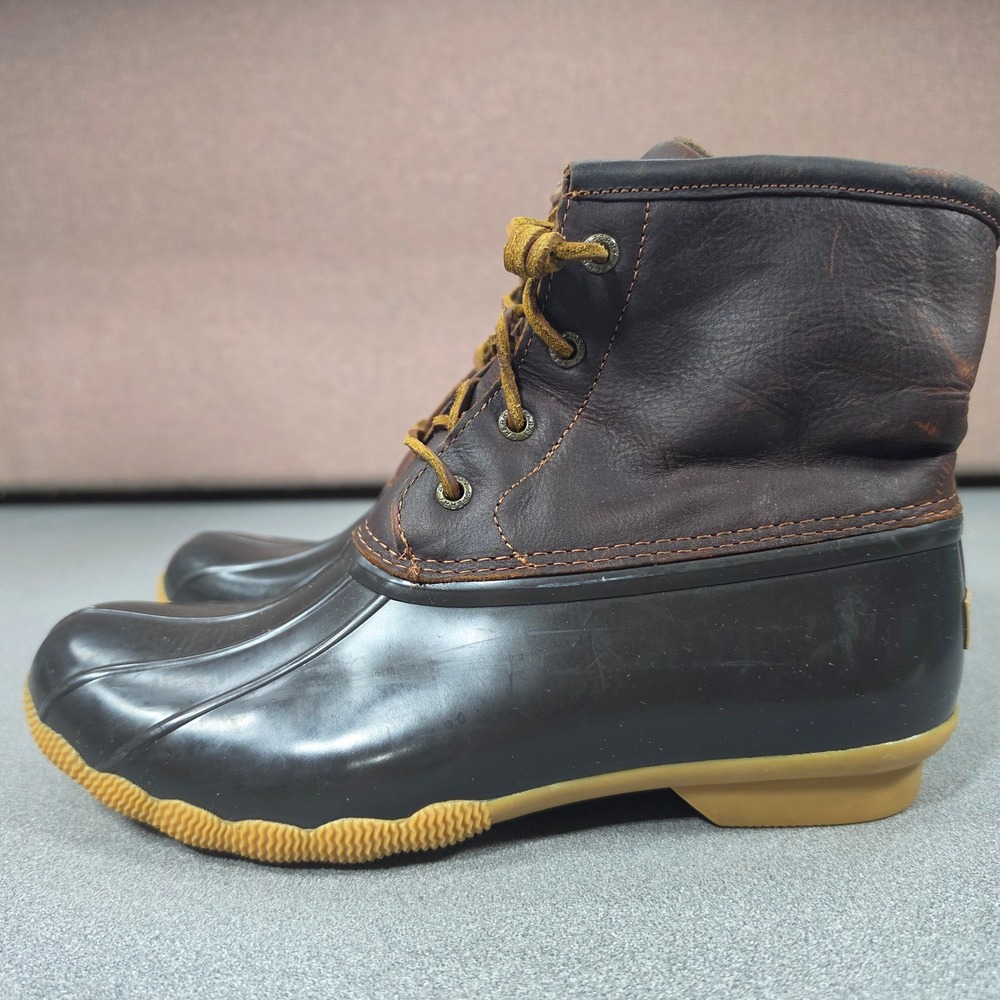 Sperry Saltwater Duck Boots Womens Brown Leather Rubber Ankle Good Side Zip